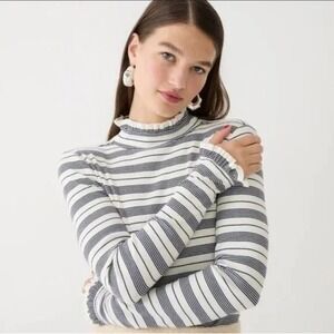 J.Crew 2022 Women 3X vintage rib ruffle mock neck Shirt striped top white black